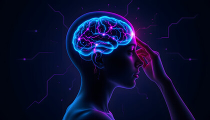 Obraz premium Futuristic Human Profile with Illuminated Brain and Technology