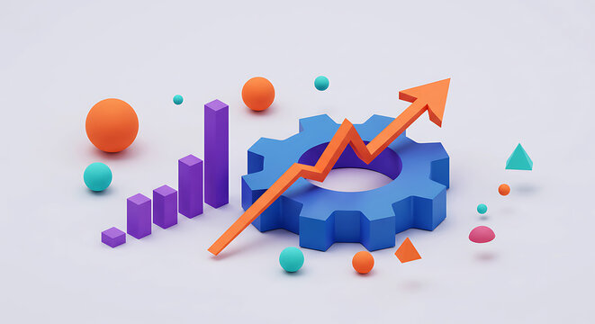 Blue gear with orange arrow graph and purple bar chart on white abstract analysis