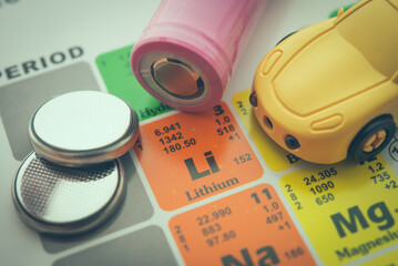 Lithium (Li) chemical element symbol in periodic table with lithium - ion batteries, electric vehicle (EV) car. The primary use Li is in high energy density batteries for EV car and portable devices.