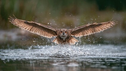 Owl landing in water splashes