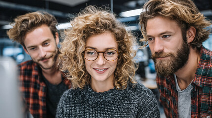 Diverse team collaborates enthusiastically on innovative project in bright modern office setting