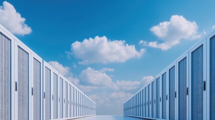 Supply chain for renewable energy, A modern data center with rows of servers, set against a clear blue sky adorned with fluffy clouds.