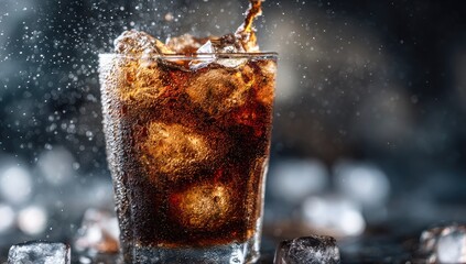 A glass of cola with ice, splashing (2)