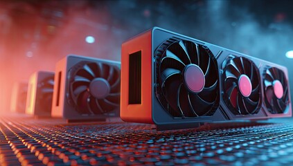 Row of futuristic graphics cards in a dimly lit server room