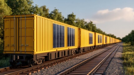 Fototapeta premium Supply chain for renewable energy, A train with yellow containers is seen traveling along railway tracks surrounded by greenery and trees under a clear sky.