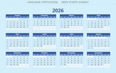Portuguese calendar 2026 year. Vector Portugal. Calendario portugues. Week starts sunday