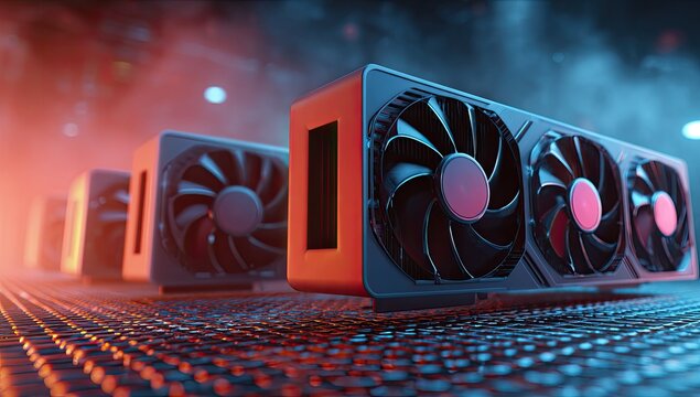 Row of futuristic graphics cards in a dimly lit server room