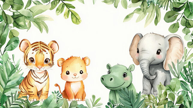 Cute watercolor illustration of baby tiger, lion, hippo and elephant surrounded by tropical jungle leaves on a white background, generative AI