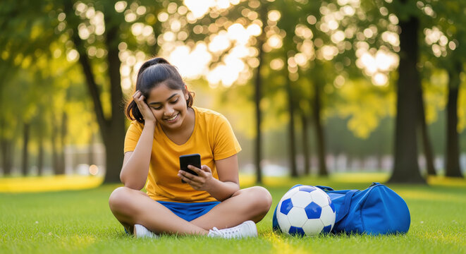 cheerful indian teenage girl in sports outfit sits cross legged on green grass in park smiling while looking at phone