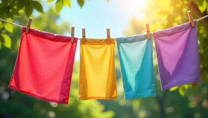 Freshly laundered clothes, vibrant colors, blowing gently in a sunny breeze on a clothesline Perfect summer day laundry scene Sunlight illuminates the clean fabrics , white, serene, peg
