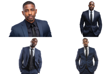 Handsome african american businessman in a suit isolated on transparent background looking at the camera with a smile