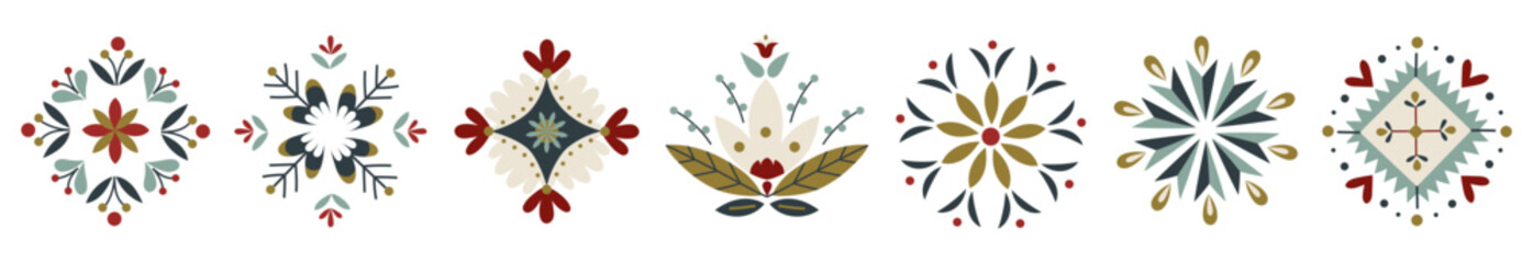 Vector set of decorative nordic folk elements in warm festive colors. Hand-drawn floral and geometric ornaments with Scandinavian charm. Perfect for Christmas design, craft projects and holiday decor © Катерина Фирсова