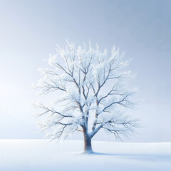 Fototapeta premium Snow-covered tree in winter landscape, serene nature scene, minimalistic design, copy space