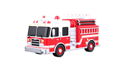 emergency rescue red and white 3d fire truck model, isolated on transparent background