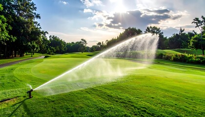 A lush green golf course is being watered by a sprinkler system.