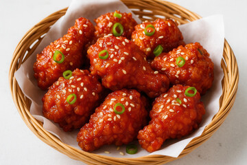 Crispy korean fried chicken drumsticks with green onion garnish - perfect for culinary promotions and food photography