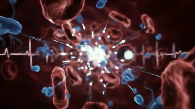 the bloodstream as glowing antibiotic molecules race like tiny torpedoes