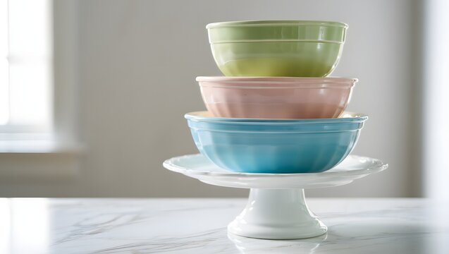 Stack of pastel colored ramekins on a white cake stand