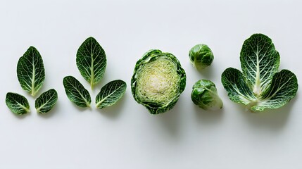 Artistic flat lay composition emphasizing freshly sprouted leaves and perfectly bisected cabbage arranged elegantly on a pristine white background, capturing natural textures in high detail