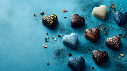 Intricate Heart-Shaped Artisanal Chocolate Display with Expansive Negative Space and Tranquil Blue Backdrop for Refined Valentine's Day Promotions