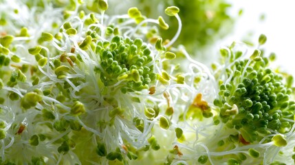 Macro Capture of Fresh Broccoli Sprouts Highlighting Detailed Texture and Nutrient Rich Composition on a White Minimalist Background
