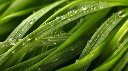 Ultra-Detailed Authentic Close-Up of Bright Green Wheatgrass with Dewdrops for Juicing Captured in Natural Sunrise Lighting Emphasizing Organic Texture and Minimalist Composition