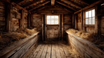 Detailed rustic empty chicken coop built with new wood and hay lining in a tranquil countryside setting with natural textures
