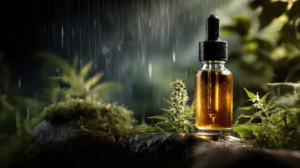 Elegant Dropper Bottle Brimming with Concentrated Medicinal Plant Extracts Amidst a Serene Natural Backdrop for Holistic Organic Well-Being
