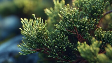 Intricate Macro Photography of a Juniper Bush Capturing Exquisite Botanical Details with Soft Natural Light and Rich Textural Artistry