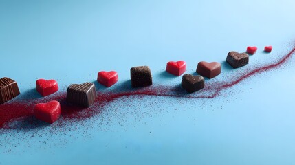 Intricate Heart-Shaped Artisanal Chocolate Display with Expansive Negative Space and Tranquil Blue Backdrop for Refined Valentine's Day Promotions