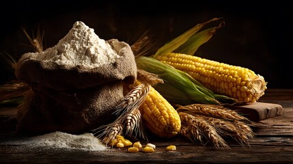 A Colorful Still-Life of Abundant Freshly Harvested Wheat and Corn Celebrating Rustic Agriculture