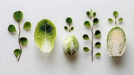Artistic flat lay composition emphasizing freshly sprouted leaves and perfectly bisected cabbage arranged elegantly on a pristine white background, capturing natural textures in high detail