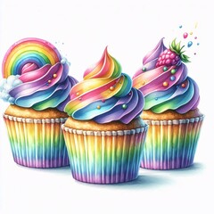 Three Festive Cupcakes with Rainbow Icing and Colorful Toppings on White