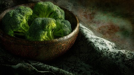 Vivid Depiction of Broccoli as a Nutritional Powerhouse with Artistic Infographic and Rustic Culinary Accents in a High-Resolution Digital Painting