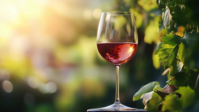 Glass of red wine with green leaves in background