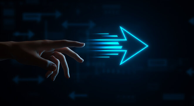Human hand reaching towards glowing blue arrow with motion blur effect finger touching - Powered by Adobe