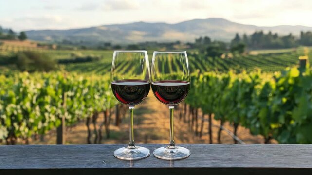 Two wine glasses on balcony overlooking vineyard with mountains in background