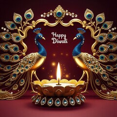 Naklejka premium Decorative diwali lamp with peacock feathers