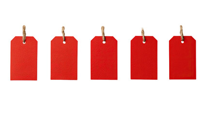 Five red gift tags, hanging from light brown ribbons