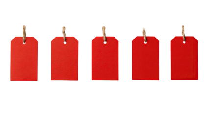 Five red gift tags, hanging from light brown ribbons