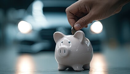 Hand inserting coin into a piggy bank in front of a car