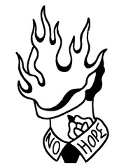 Head with fire and no hope tattoo on neck
