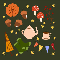 Set of autumn vector elements in cozy style. With pumpkin, tea, mushrooms, umbrella and socks.	