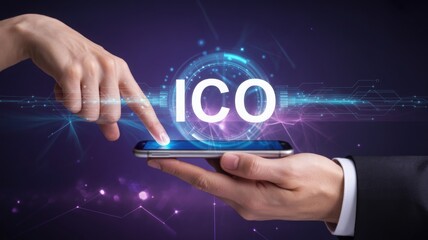 ICO Launch on Mobile Device with Digital Network Concept
