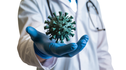 Doctor carefully holds a virus model in gloved hand, science