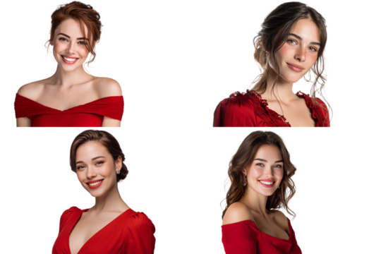 Four beautiful women in red dresses isolated on transparent background, showcasing elegance and style in a variety of poses and expressions