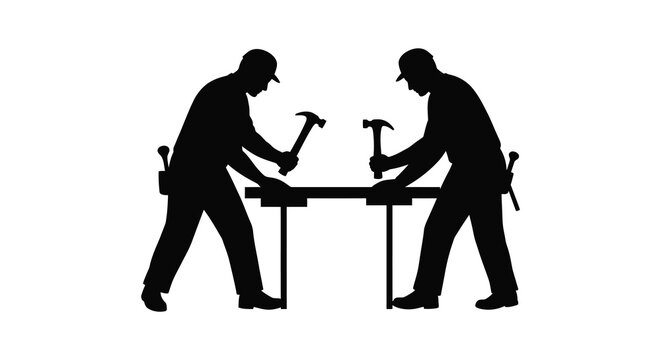 two workers collaborating on construction project using tools