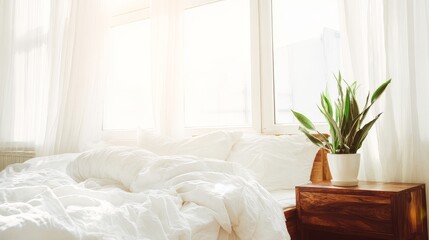 Modern bedroom interior with white linen bedding, wooden nightstand, potted plant, and soft sunlight through curtains, cozy lifestyle home design