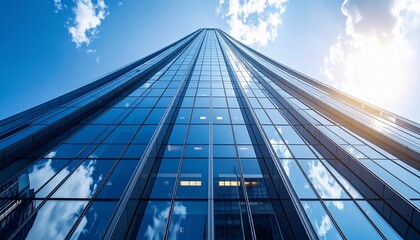 Architectural marvel of a skyscraper soaring towards the clear blue sky