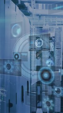 Animation of digital clock, globes, radar and computer language over server racks